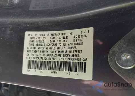 2016 Honda Accord Sport z USA, uszkodzony, nr VIN 1HGCR2F58GA076752